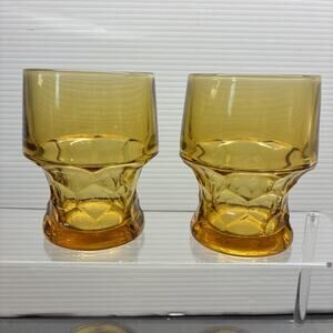 Amber Glass Honeycomb Barware Juice Glass 2 Vintage 4” 8 Oz 70s Thumbprint